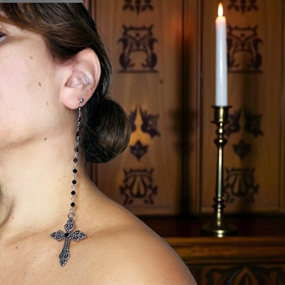 Gota Long Dangle Cross Earrings W/ Black Beaded Chain & Intricate Silver Design - Picture 1 of 7